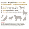 Healthy Pet World Woodies Coffee Wood Chews for Dogs Sizing Guide Infographic