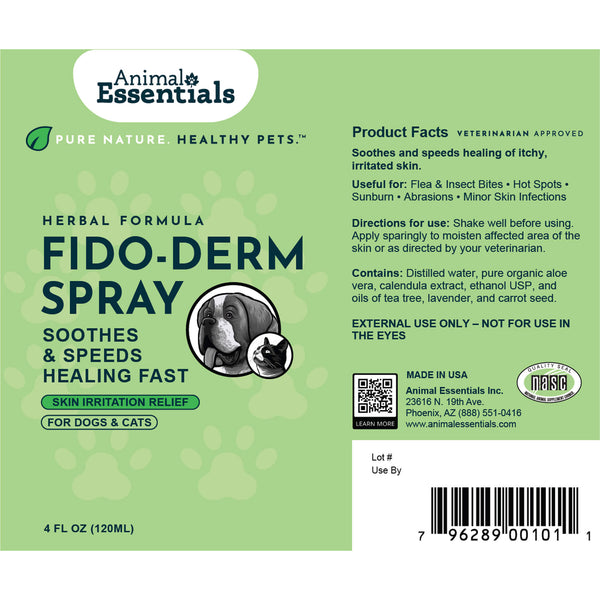 Animal Essentials FidoDerm Herbal Skin Spray for Dogs Label