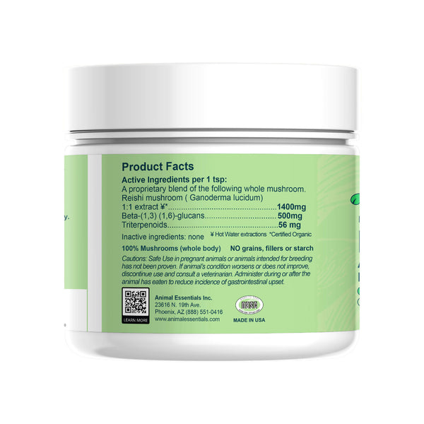 Animal Essentials LONGEVITY Reishi Mushroom Powder for Dogs & Cats Bottle Side Left