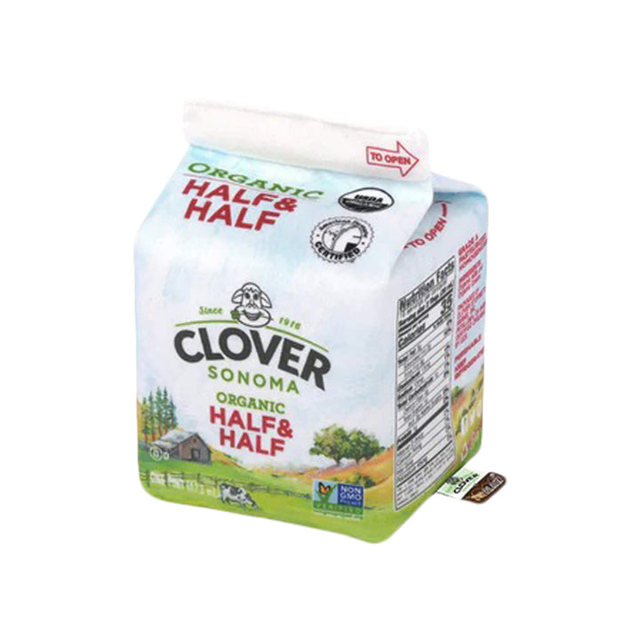 Milk carton front of toy