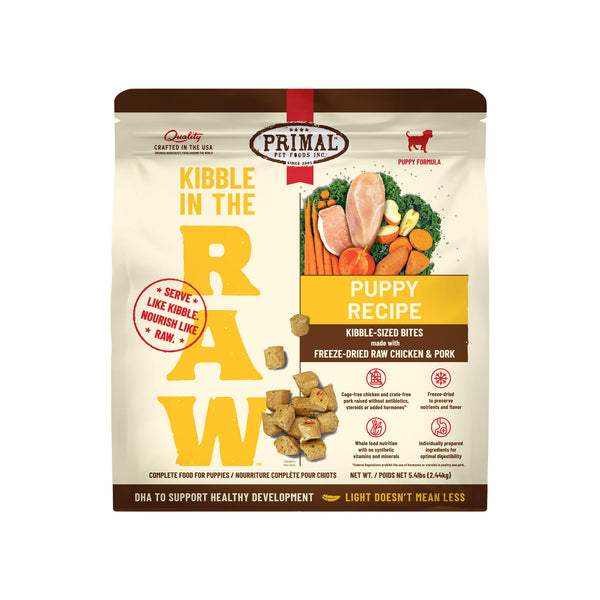 Primal Kibble in the Raw Puppy Food Front of Bag