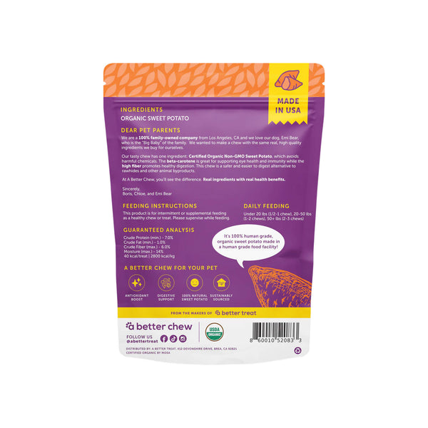 A Better Treat Dehydrated Organic Sweet Potato Chews for Dogs Back of Package