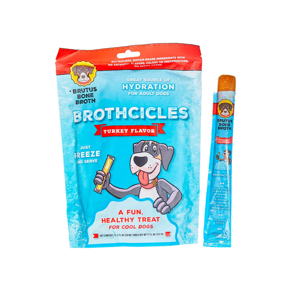 Brutus Bone Broth Brothcicles Freezable Dog Treats Front of Package and Tube