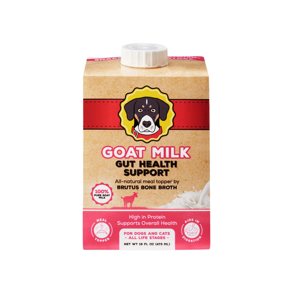 Brutus Bone Broth Goat Milk Gut Health Support Dog Food Topper Front of Bottle