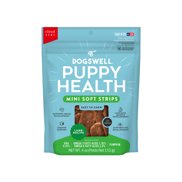 Dogswell Puppy Health Mini Soft Strip Jerky Puppy Treats Front of Bag