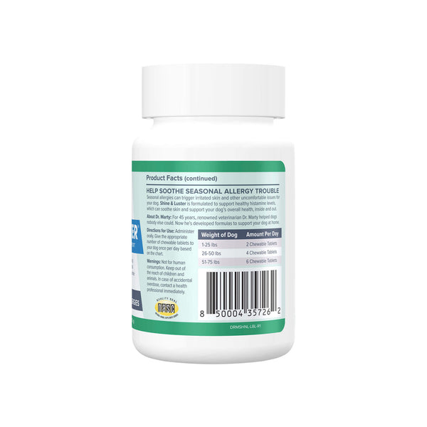 Dr. Marty Shine & Luster Canine Seasonal Allergy Support Chewable Tablets Back of Bottle