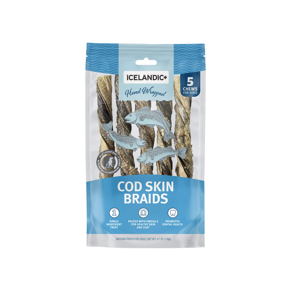 Icelandic+ Hand Wrapped Cod Skin Braids for Dogs Front of Bag