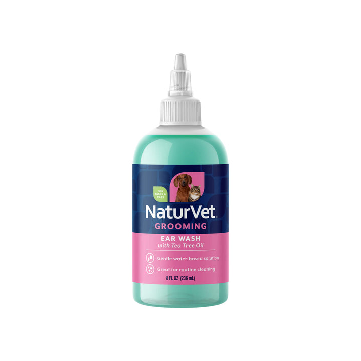 NaturVet Baby Powder Scented Ear Wash Plus Tea Tree Oil for Dogs & Cats Front of Bottle