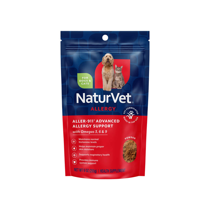 NaturVet Aller-911 Allergy Aid Powder Plus Omegas for Dogs & Cats Front of Package