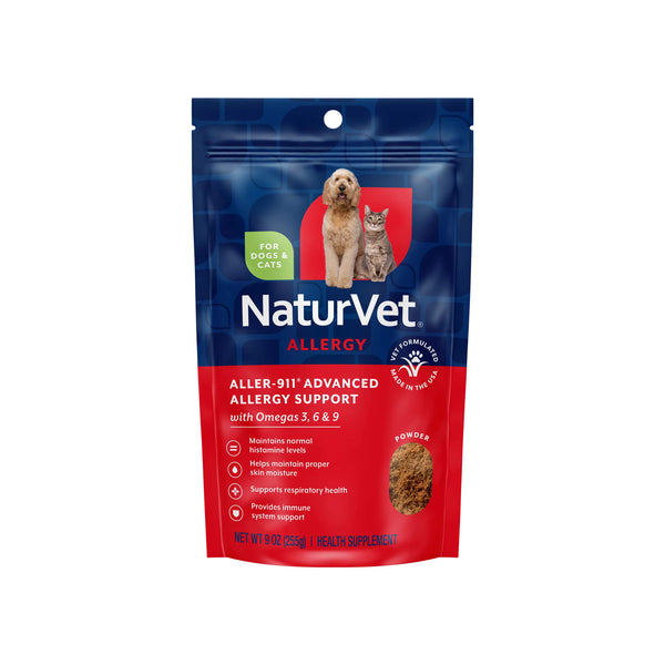 NaturVet Aller-911 Allergy Aid Powder Plus Omegas for Dogs & Cats Front of Package