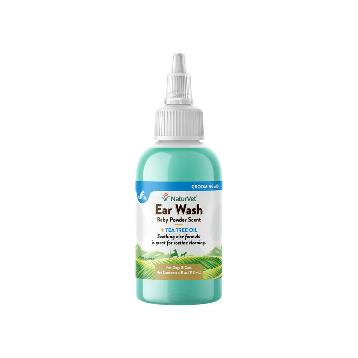 NaturVet Baby Powder Scented Ear Wash Plus Tea Tree Oil for Dogs & Cats Front of Bottle