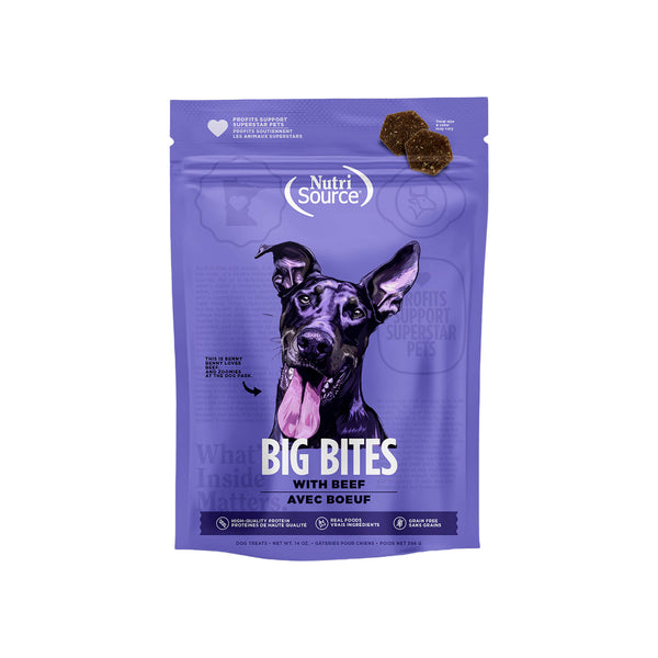Nutrisource Grain Free Big Bites Soft & Chewy Dog Treats Beef Front of Bag