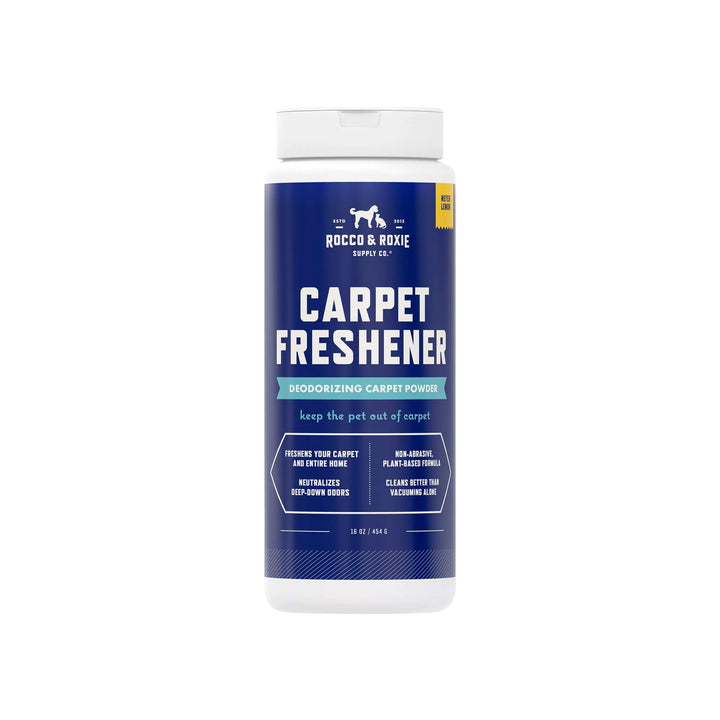 Rocco & Roxie Carpet Freshener Deodorizing Carpet Powder Front of Bottle
