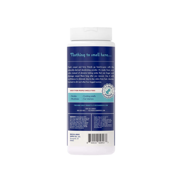 Rocco & Roxie Carpet Freshener Deodorizing Carpet Powder Left Side of Bottle