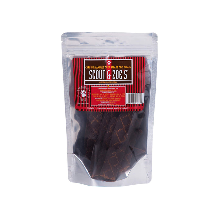 Scout & Zoe's Carpius Maximus Dehydrated Carp Jerky Spears for Dogs Front of Package