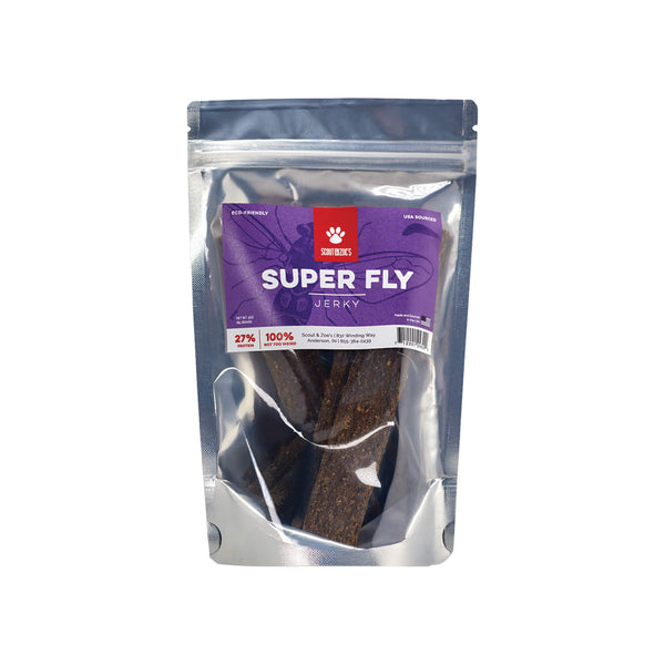 Scout & Zoe's Super Fly Jerky Dog Treats Front of Package