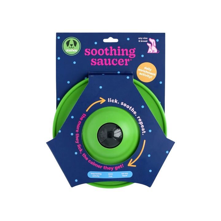 Stashios Soothing Saucer Liquid Treat Dispensing Toy for Dogs & Cats Front Packaged