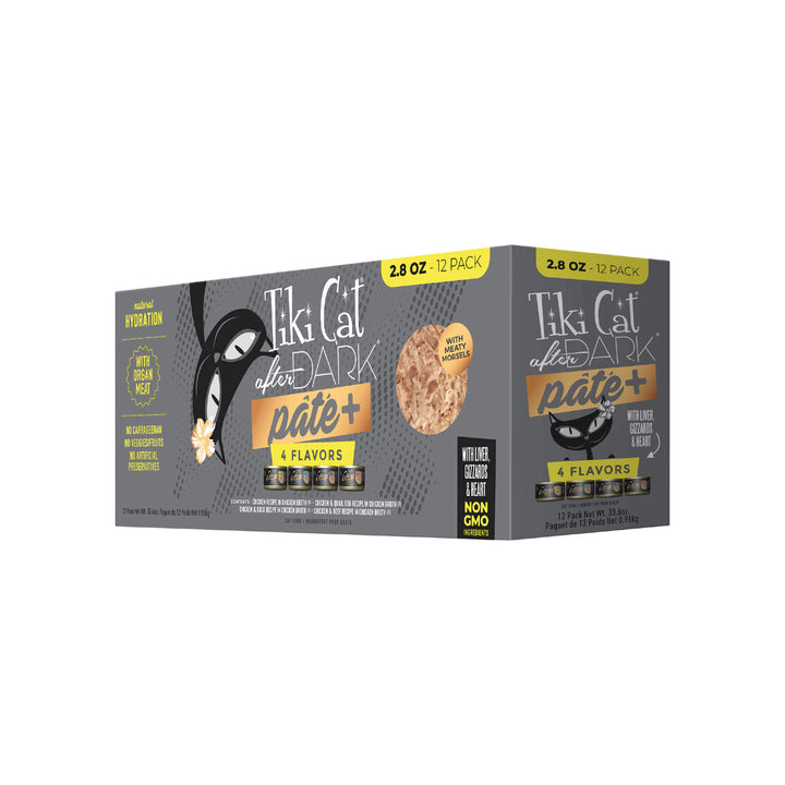 Tiki Cat After Dark Grain Free Pate+ with Meaty Morsels Wet Cat Food Front of 2.8 oz Case