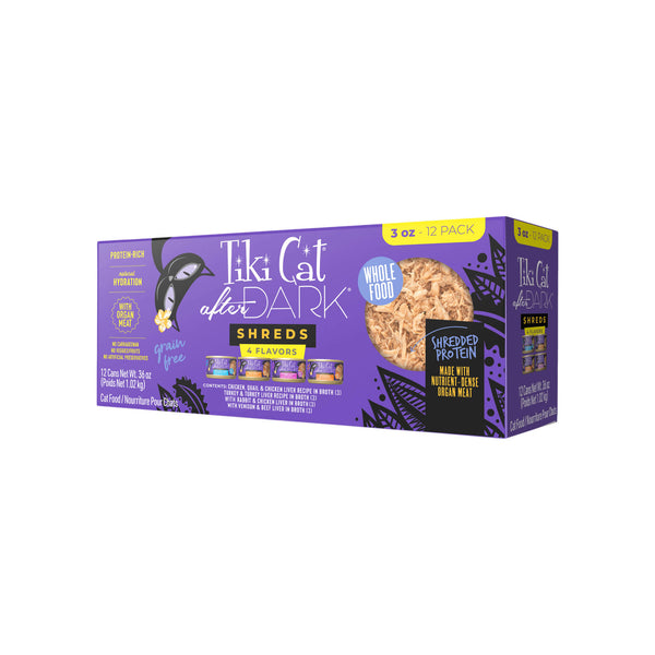 Tiki Cat After Dark Shreds Grain Free Finely Shredded Wet Cat Food in Broth Front of Case
