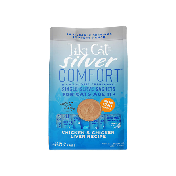 Tiki Cat Silver Comfort Lickable High Calorie Senior Cat Supplement Sachets Front of Package