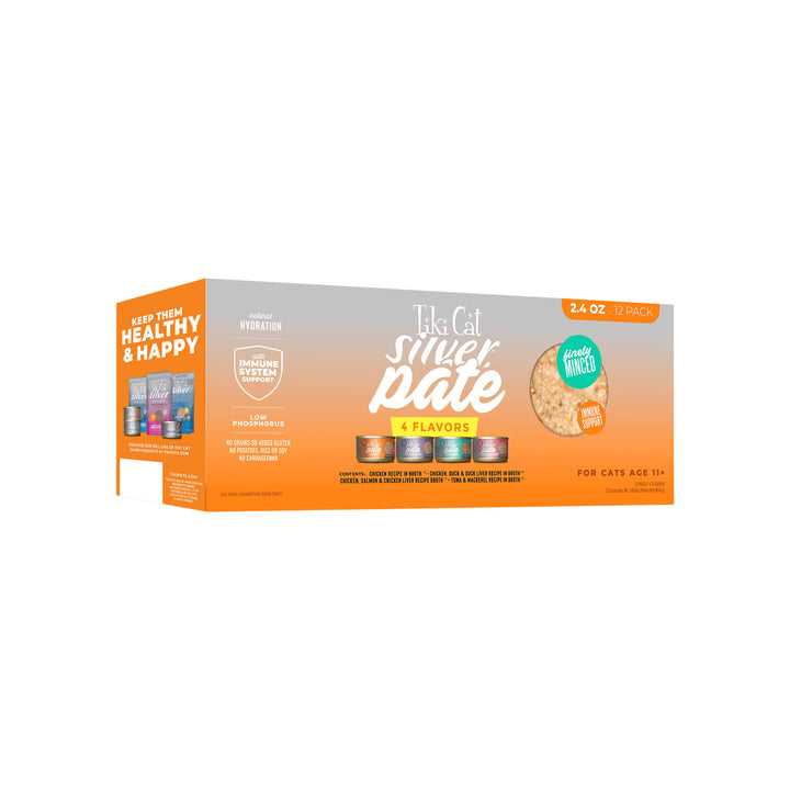 Tiki Cat Silver Pate Wet Cat Food for Senior Cats Variety Pack Front of Case