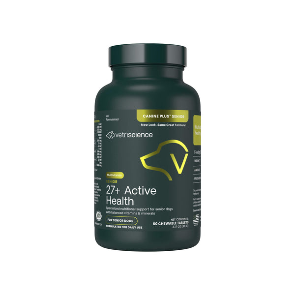 VetriScience Canine Plus Senior 27+ Active Health Multi-Vitamin Front of Bottle