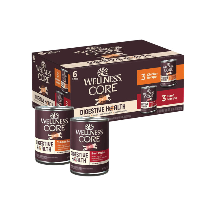 Wellness CORE Grain Free Digestive Health Pate Wet Dog Food Front of Box and Cans