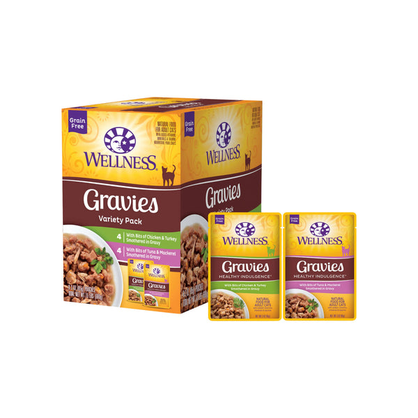 Wellness Gravies Grain Free Wet Cat Food Stews Variety Pack Front of Box and Pouches