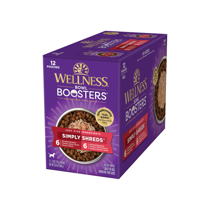 Wellness Bowl Boosters Simply Shreds Wet Toppers for Dogs Food Variety Pack Front of Box