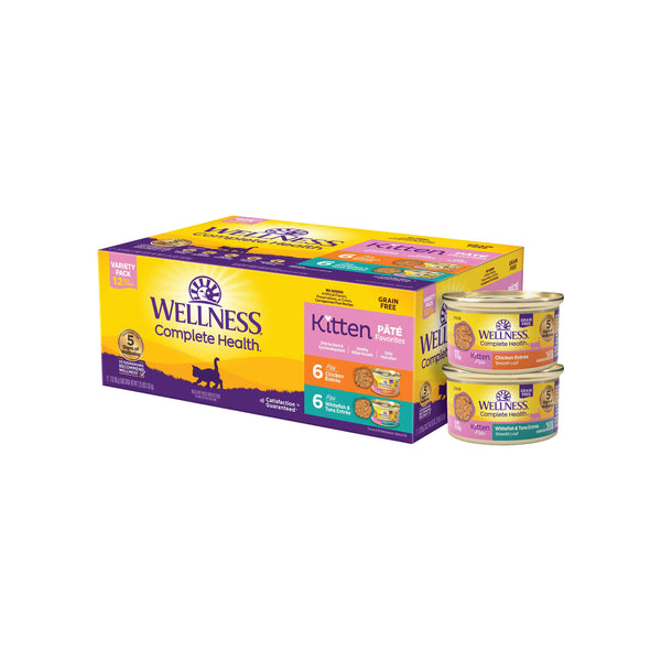 Wellness Complete Health Grain-Free Pate Canned Kitten Food Variety Pack Front of Box and Cans