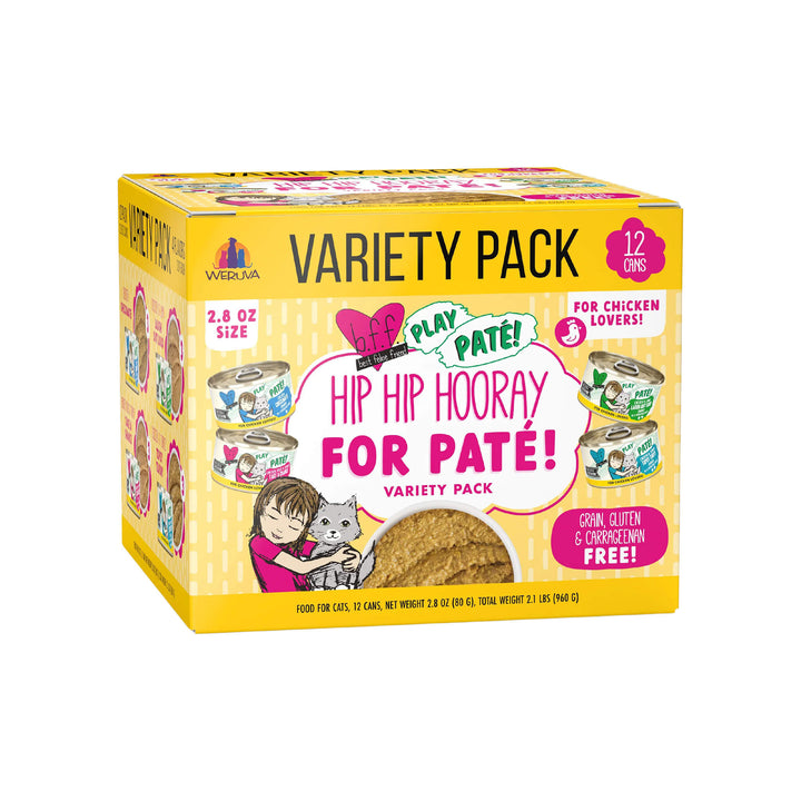 Weruva B.F.F. Play Pate! Grain Free Pate Canned Cat Food Hip Hip Hooray Variety Front of 2.8oz Case