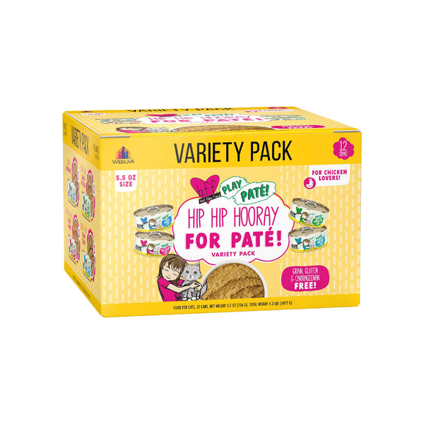 Weruva B.F.F. Play Pate! Grain Free Pate Canned Cat Food Hip Hip Hooray Variety  Front of 5.5oz Case