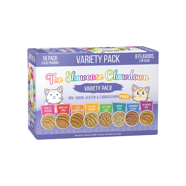 Weruva Slide N' Serve Grain Free Pate Wet Cat Food Pouches Showcase Chowdown Variety Pack Front of Box