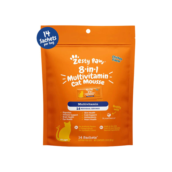 Zesty Paws 8-in-1 Multivitamin Cat Mousse Supplement Front of Package
